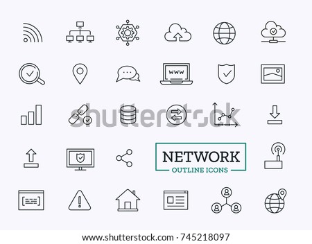 Internet thin line icons. Vector outline design symbols for web with symbol of link, search, laptop, location, cloud. Network elements set