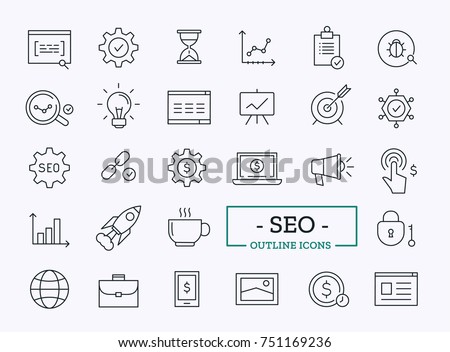 Search Engine Optimization Vector Outline Icons. SEO Elements. Thin line minimal signs for web