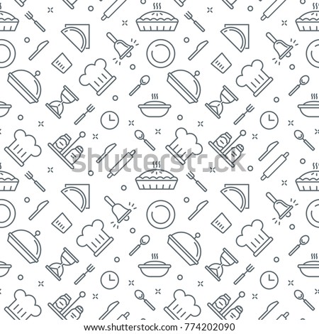 Kitchen Pattern Seamless Vector Texture. Bakery Simple Thin Line Collection.