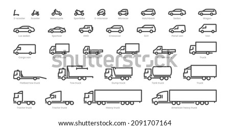 Big set outline car icons, types of transport