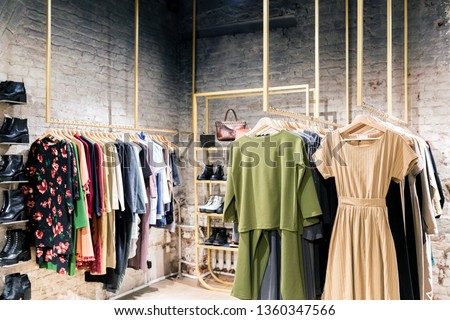 Fashion stylish luxury clothes display. Image and stylish services, selection of colors, types. Capsule spring wardrobe 商業照片 © 