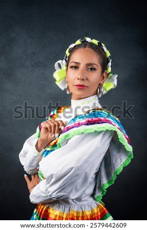 Similar – Foto Bild Frau trägt mexikanische Gesichtsmaske während Halloween-Feier. Skelett-Kostüm und schwarzen stilvollen Hut. Frau mit verschränkten Armen. Halloween-Party-Konzept