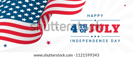 4th of July Banner Vector illustration, USA flag waving with stars on white rays background.
