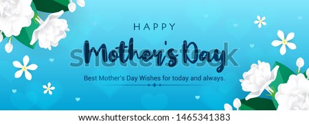 Happy Mother's Day Banner Vector illustration. Thai Jasmine flowers frame on blue bokeh background