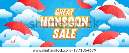 Great Monsoon Sale Banner Vector Illustration. rainy season promotion with red umbrellas