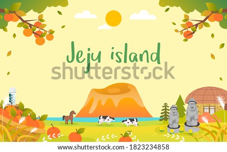 JeJu Island in Autumn Background vector illustration. Beautiful fall season landscape. harvesting oranges