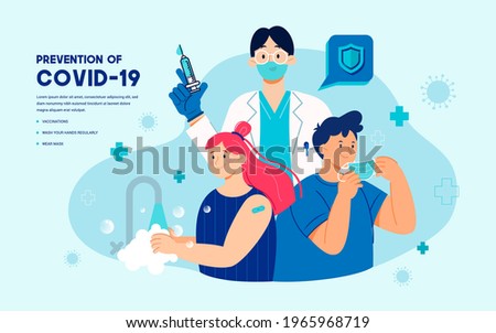 Prevention of Covid-19 promotion with vaccination, wearing face mask and washing hands regularly vector illustration