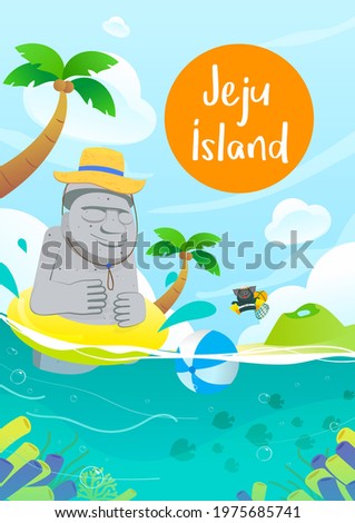 Summer in Jeju Island poster vector illustration. Grandfather statues (Dol hareubang) with black pig diver on beach sea