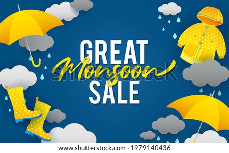 Great Monsoon Sale background vector. Yellow umbrellas, rain boots and raincoat on blue background