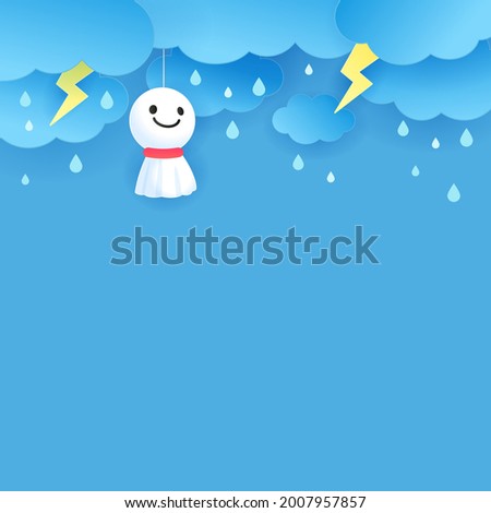 Monsoon Rainy season background Vector Illustration. Cute Rain doll on raining sky. paper art style