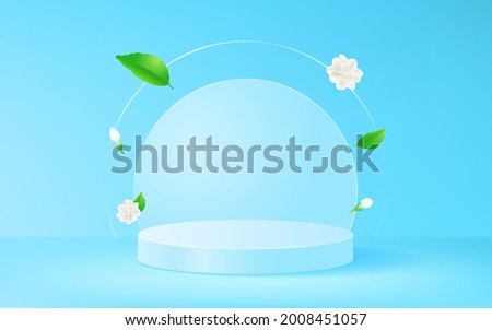 Jasmine flowers with light blue product stage display background vector design. blue theme podium for presentation