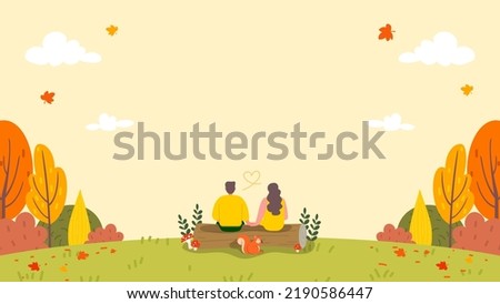 Autumn background vector illustration. Loving couple sitting on log with autumn landscape