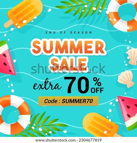 Summer sale promotion vector design. Pool toys, swim ring and ice cream floating on water.	