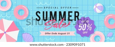 Summer Sale Banner vector illustration. top view of pool with swim rings. Pink, blue and purple theme