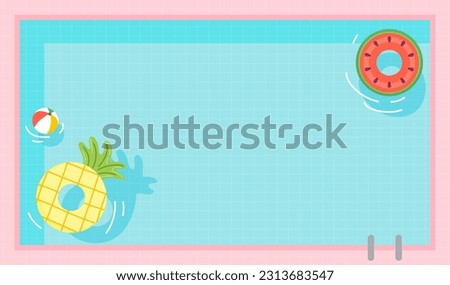 Summer Pool background vector illustration. Top view of swimming pool with fruit pool floats