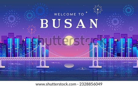 Welcome to Busan poster vector illustration. Beautiful Busan night city landscape.