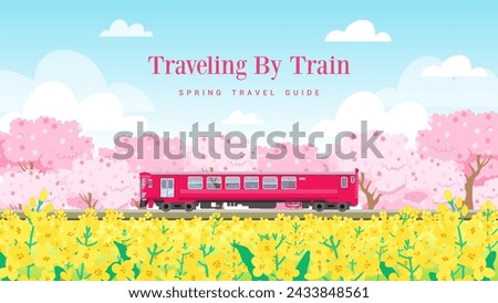 Traveling by train, Spring travel guide vector illustration. Cherry blossom and Canola field
