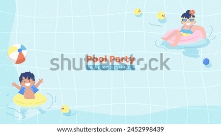 Kids Pool Party Background vector illustration. Boy and girl having fun in swimming pool. Pastel theme