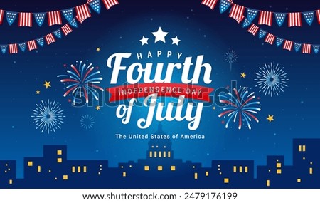 Happy Fourth of July vector illustration. Fireworks light up night sky in downtown