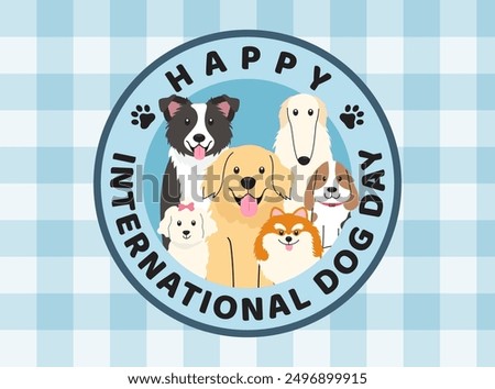 Happy International Dog Day greeting card vector design. Cute dogs logo badge on baby blue gingham background