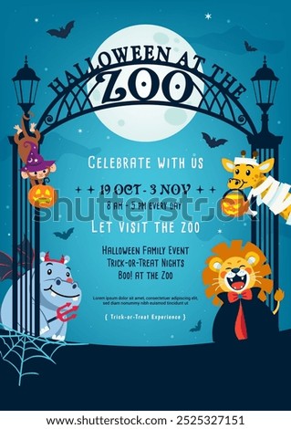 Halloween At the Zoo poster invitation vector illustration. Cute animals in halloween costume at zoo gate	