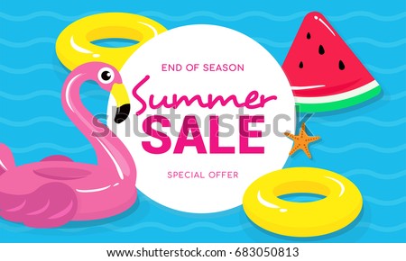 Summer sale banner vector illustration, Flamingo pool float, watermelon pool toy and yellow rubber ring floating on water.