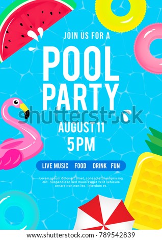 Pool party invitation vector illustration. Top view of swimming pool with pool floats.