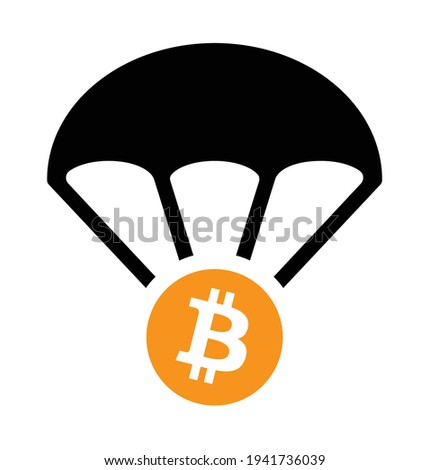 Bitcoin airdrop vector icon, decentralized digital currency. BTC with parachute for air drop.