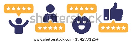 5 stars positive review of customer. Feedback with satisfaction rating.  Survey about quality service. Concept of best ranking. Choose icon of excellent. Good result in business. Vector icons set.