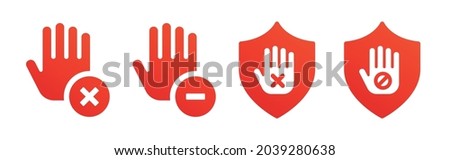 Stop hand sign. Stop hand on shield icon.