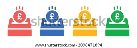 Donation box with pound coin icon. Money crowdfunding symbol
