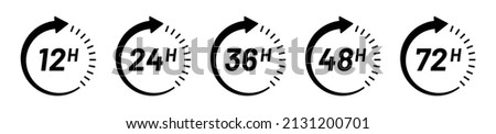 Vector 12, 24, 36, 48 and 72 hours delivery service, clock arrows icon set.