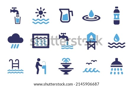 Water icon collection. Containing water supply, rain, drinking water, shower and tap water icon in graphic design.