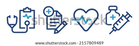 Medical process banner. Set icon of stethoscope, diagnose report, heartbeat pulse and medicine injection vector in outline design.