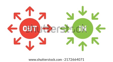 Outside and inside circle and arrow vector symbol illustration. Red OUT and green IN sign.