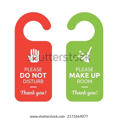 Please do not disturb hanging sign and please make up room concept for hang door hotel symbol illustration. 