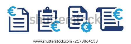 Invoice document icon vector set with euro sign illustration. Business receipt and billing symbol.