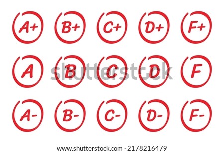 Grade result (A, B, C and F) vector set. Exam result concept.