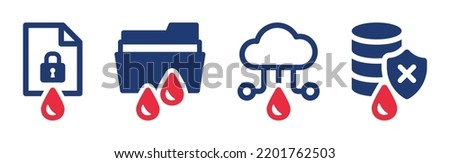 Data leakage icon set. File and folder with data leak or breach sign symbol. Vector illustration.