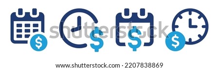 Annuity due icon set. Containing calendar or clock symbol with dollar icon sign. Vector illustration. Annual payment concept.