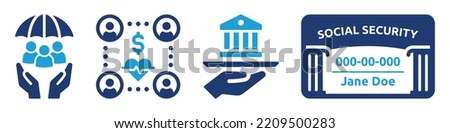 Social security benefits icon set. Containing social security card, insurance, pension and law protection icon. Vector illustration.