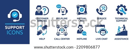 Customer service and support icon set. Containing helpline, mutual aid, service, technical support, help, call center, hotline, live chat and assistance. Collection of vector symbol illustration.