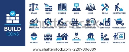 Build and construction icon element set. Containing crane, building, land, excavator, maintenance, contractor, worker, architecture and more. Solid icons vector collection.