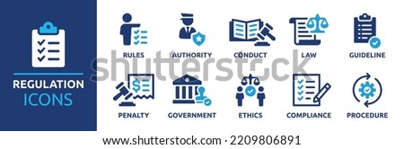 Regulation icon collection. Containing rules, authority, conduct, law, guideline, penalty, government, ethics, compliance and procedure icons. Vector illustration.