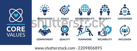 Core value icon banner collection. Containing innovation, goals, responsibility, integrity, customers, commitment, quality, teamwork, reliability and inclusion. Vector solid collection of icons.