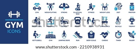 Gym and fitness icon set. Containing healthy lifestyle, weight training, body care and workout or exercise equipment icons. Solid icons vector collection.