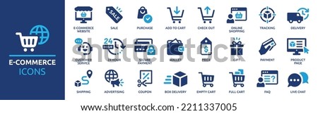E-commerce icon set. Online shopping and delivery elements. E-business symbol. Solid icons vector collection.