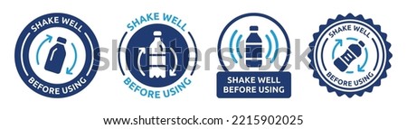 Shake well before using vector label sign. Shake bottle instruction sticker vector set.