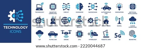Technology icon set. Containing 5g, ai, robotics, iot, biometric, geolocation, cloud computing and automation icon. Solid icon collection.