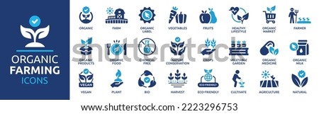 Organic farming icon set. Organic farm product, vegan and bio symbol. Natural farming icon collection.